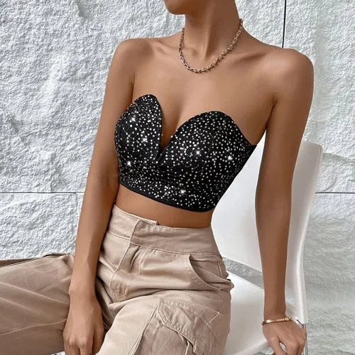 Women's Bandeau Tank Tops Diamond Backless Streetwear Solid Color