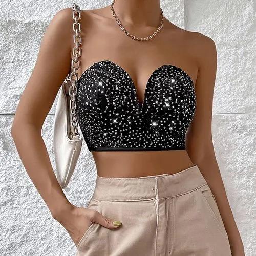 Women's Bandeau Tank Tops Diamond Backless Streetwear Solid Color