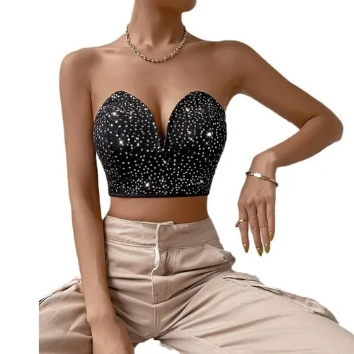 Women's Bandeau Tank Tops Diamond Backless Streetwear Solid Color