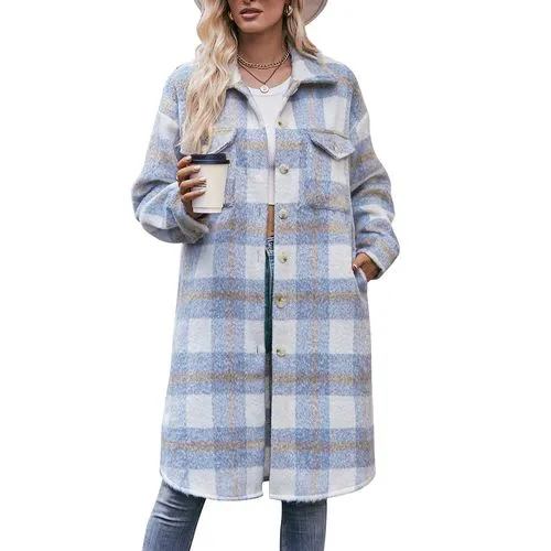 Women's Casual Elegant Plaid Pocket Single Breasted Coat Woolen Coat