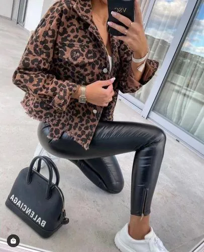 Women's Casual Leopard Washed Single Breasted Coat Denim Jacket