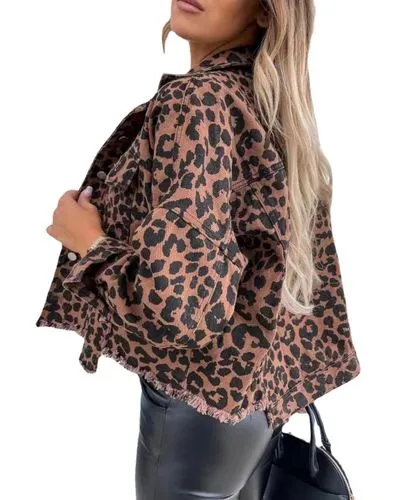 Women's Casual Leopard Washed Single Breasted Coat Denim Jacket