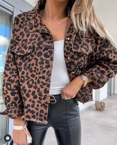 Women's Casual Leopard Washed Single Breasted Coat Denim Jacket