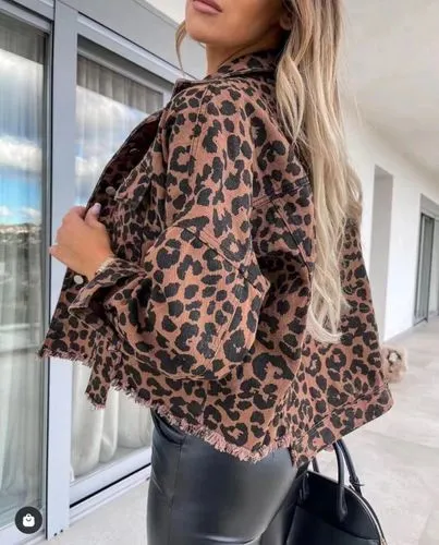 Women's Casual Leopard Washed Single Breasted Coat Denim Jacket