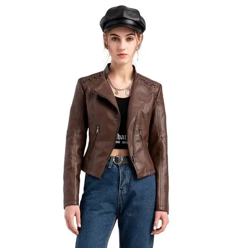 Women's Fashion Solid Color Zipper Coat Leather Jacket