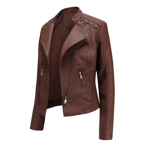 Women's Fashion Solid Color Zipper Coat Leather Jacket