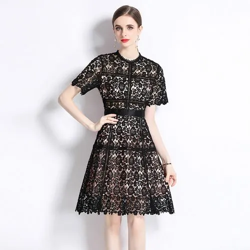 Women's Regular Dress Streetwear Round Neck Lace Short Sleeve Solid Color Knee-Length Daily