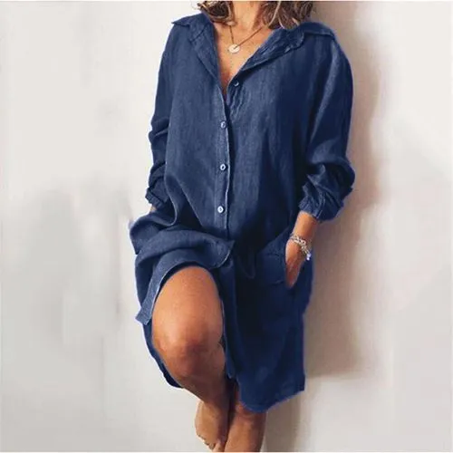 Women's Shirt Dress Casual Turndown Patchwork 3/4 Length Sleeve Solid Color Knee-length Daily