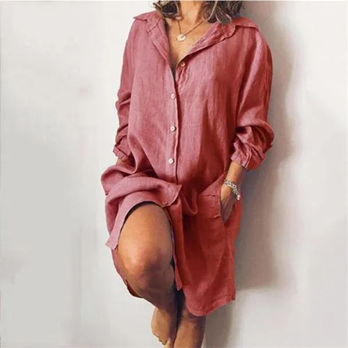 Women's Shirt Dress Casual Turndown Patchwork 3/4 Length Sleeve Solid Color Knee-length Daily